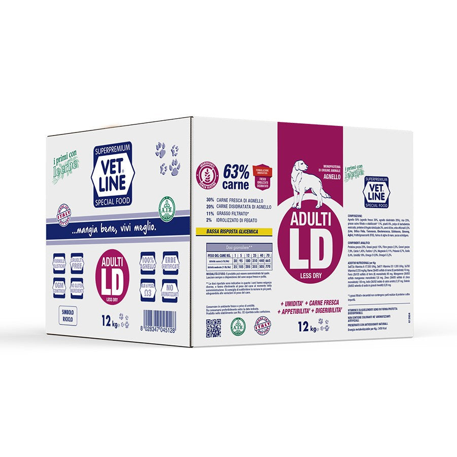 Confezione Vet Line Adulti LD per cane adulto, 12 kg, crocchette con agnello, alta digeribilità Confezione Vet Line Adulti LD per cane adulto, 12 kg, crocchette con agnello, alta digeribilità
